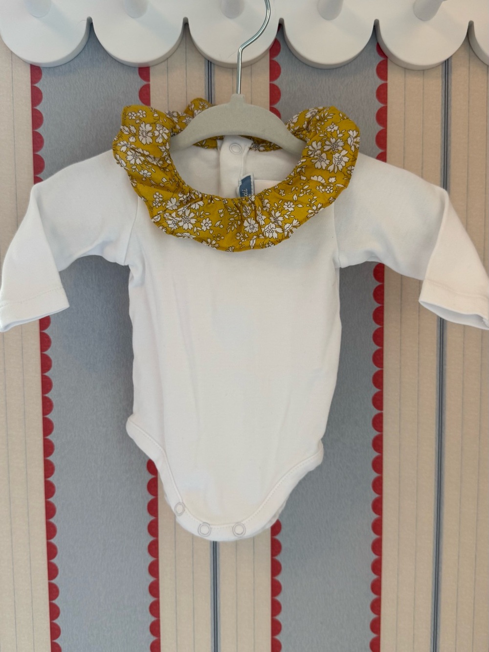 Jacadi Baby Bodysuit with Mustard Floral Ruffle Collar in Liberty London fabric